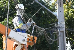 Equipes técnicas realizam a remoção de cabos e fios desativados em postes da rede elétrica